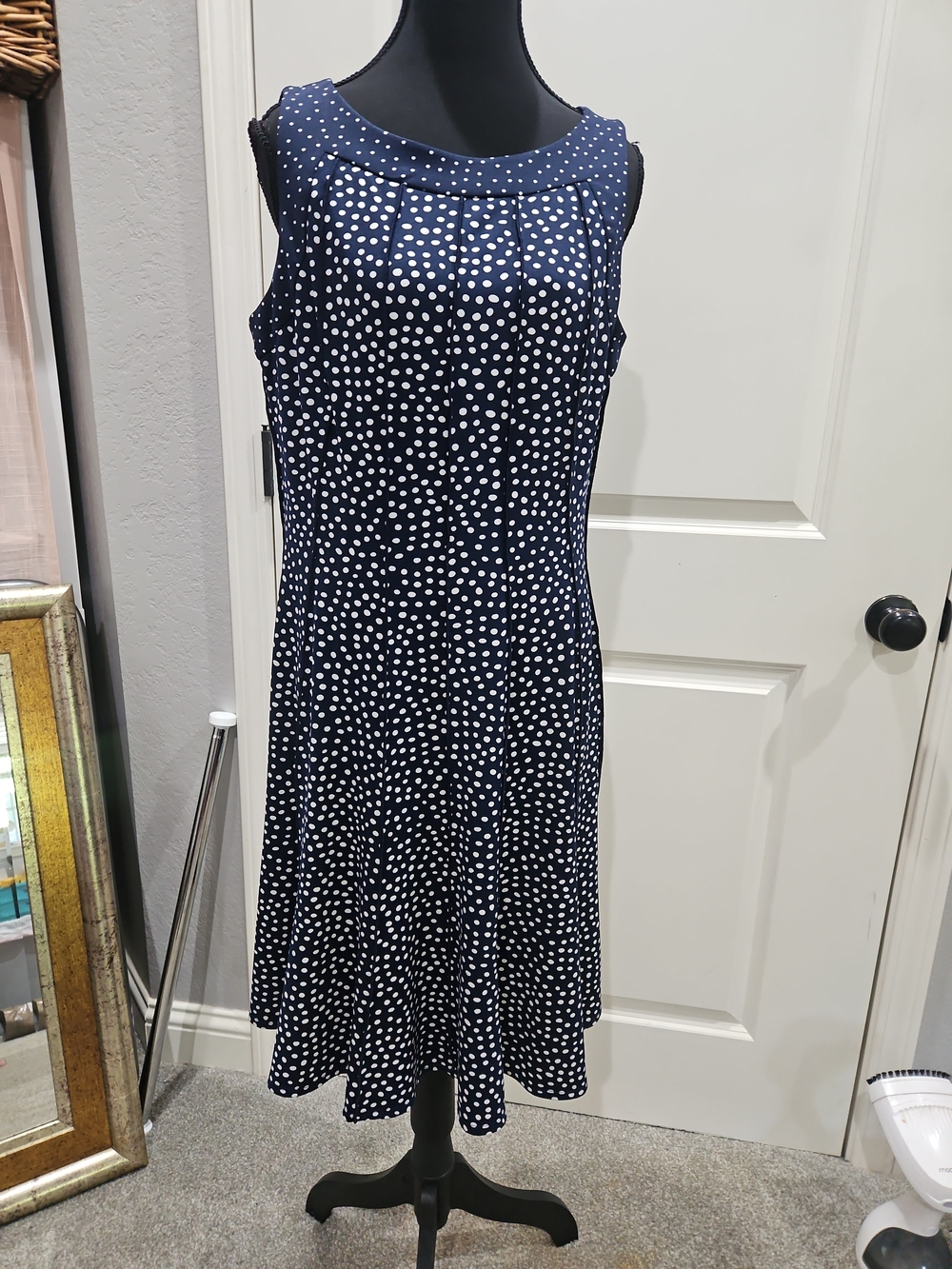 Perceptions Navy Blue and White Polka Dot Sleeveless Midi Dress - Picture 2 of 4